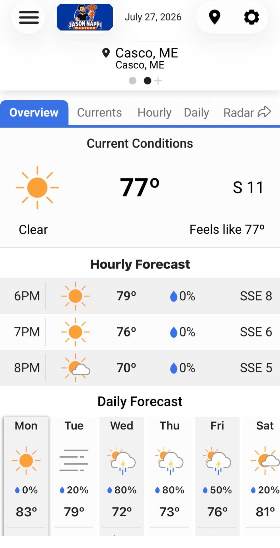 Jason Nappi Weather app overview screen showing current conditions in Casco Maine