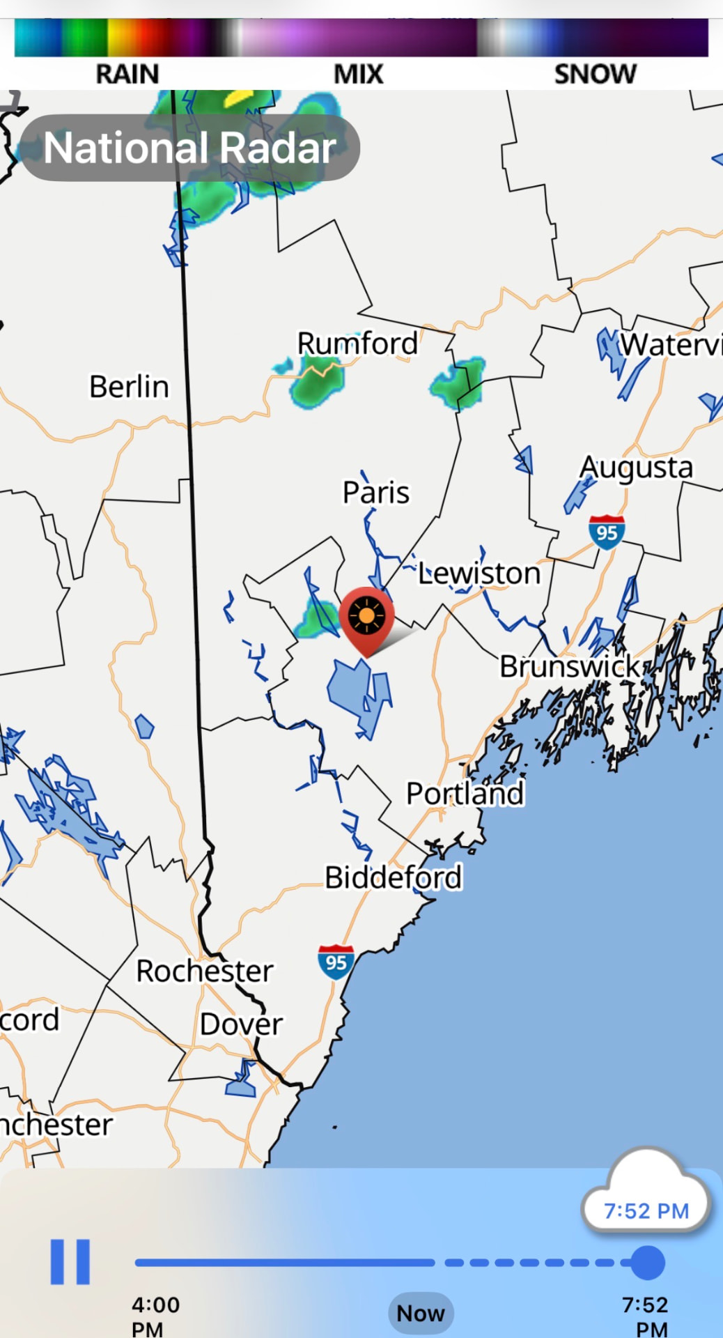 National radar view in the Jason Nappi Weather app showing southern Maine