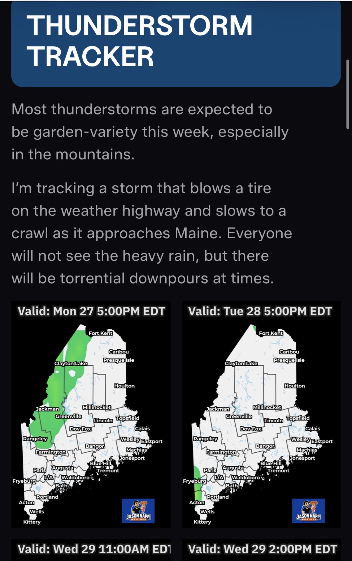 Thunderstorm Tracker screen in Jason Nappi Weather app showing multi-day Maine storm outlook